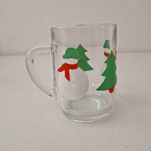 Luminarc Clear Glass Mug Snowman Tree MADE IN FRANCE Vintage 70s